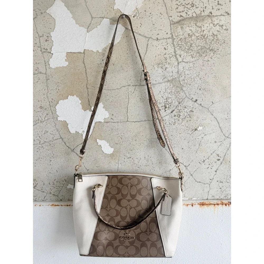 Coach Kelsey Satchel Colorblock Signature‎ Canvas Leather Bag Snakeskin C7261